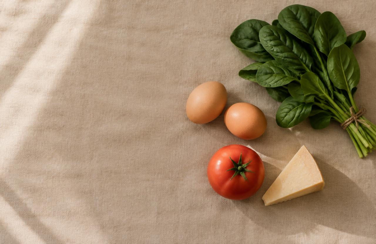 Fresh eggs, tomato, cheese and spinach arranged on linen